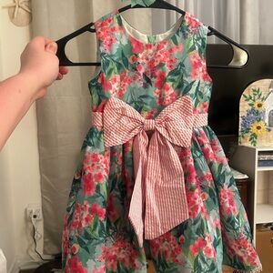 Rare Editions Floral Dress with Striped Pink Bow